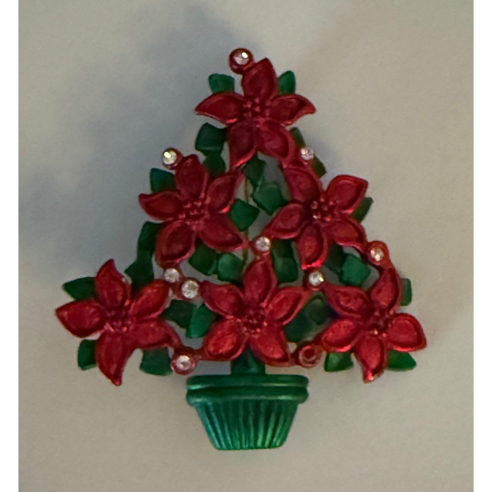 Christmas Poinsettia Flower Tree Brooch Pin Rhinestones Green Pot‎ Holiday